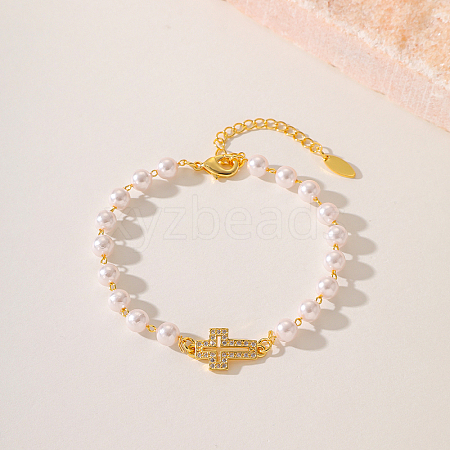 Fashionable Cross Brass Crystal Rhinestone & Imitaiton Pearl Braided Bead Bracelets for Women DV0214-1-1