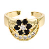 Cubic Zirconia Moon with Flower Open Cuff Ring RJEW-N037-039-2