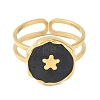 Ion Plating(IP) 304 Stainless Steel Enamel Flat Round with Flower Cuff Finger Rings RJEW-L107-067G-02-2