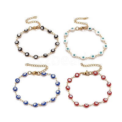 Enamel Oval with Evil Eye Link Chains Bracelet BJEW-P271-04G-1