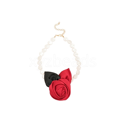 Rose Cloth Plastic Pearl Beaded Choker Necklaces FS-WGC088F-01-1