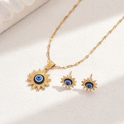 Vintage 201 Stainless Steel & Plastic Sun with Evil Eye Stud Earrings & Pendant Necklaces Set for Women EW9229-1