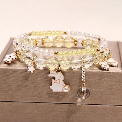 2Pcs 2 Styles Plastic & Glass Beaded Stretch Bracelets FS-WGE3E77-06-1
