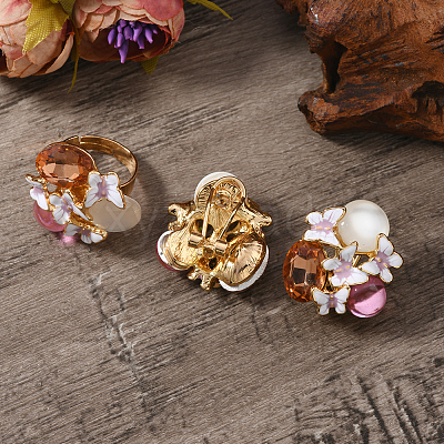 Elegant Vintage Flower Alloy Enamel Stud Earrings & Rings Sets XH9844-1