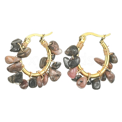 Natural Rhodochrosite Chips Braided Hoop Earrings EJEW-JE04940-12-1