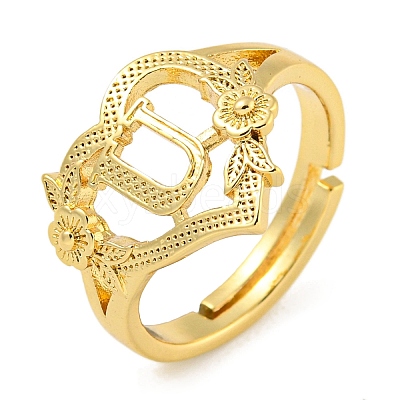 Heart with Letter & Flower Rack Plating Brass Adjustable Rings for Women RJEW-I105-05G-U-1
