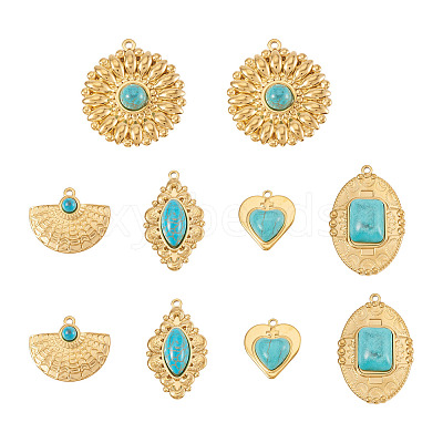10Pcs 5 Styles Bohemian Style 304 Stainless Steel with Synthetic Turquoise Pendants STAS-TA0006-21-1