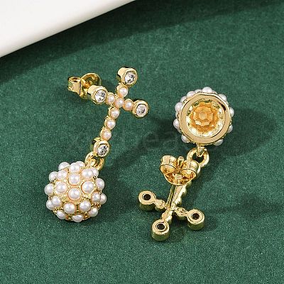 Brass Micro Pave Clear Cubic Zirconia Cross with Half Round Dangle Stud Earrings EJEW-L275-05G-1