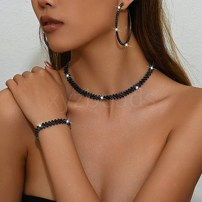 Alloy with Jet Rhinestone Chain Necklace & Hoop Earring & Bracelet FS-WG9D127-02-1