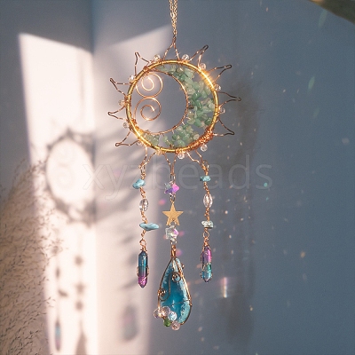 Wire Wrapped Natural Green Aventurine & Metal Sun with Moon Pendant Decorations PW-WG96896-01-1