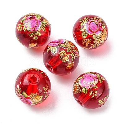Flower Picture Printed Glass Round Beads GLAA-J087-10mm-A05-1