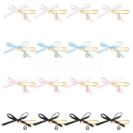 4Pcs 4 Color Satin Ribbon Bowknot & Alloy Enamel Cross Charms Safety Pin Brooches JEWB-AB00014-1