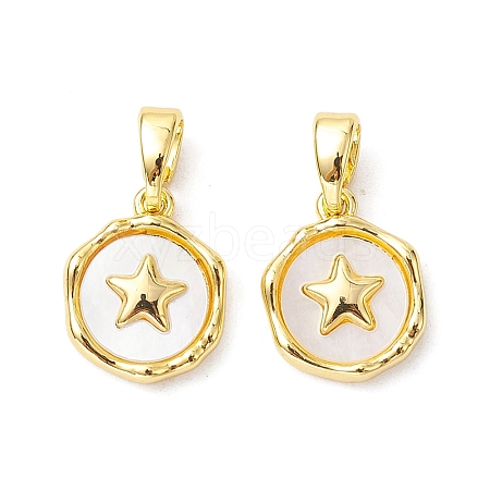 Rack Plating Brass Pave Shell Flat Round Charms with Star KK-K360-06G-1