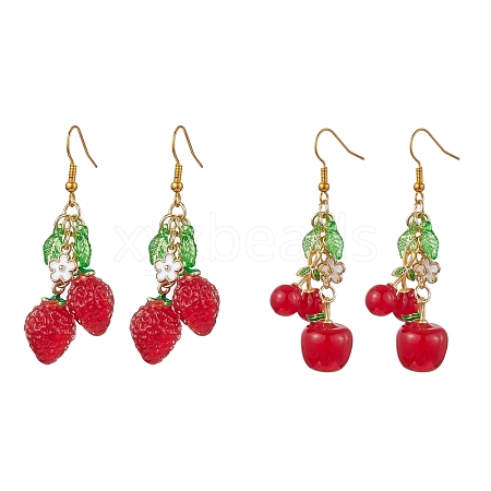 2 Pairs 2 Style Cherry & Strawberry Glass Dangle Earrings EJEW-JE05729-1