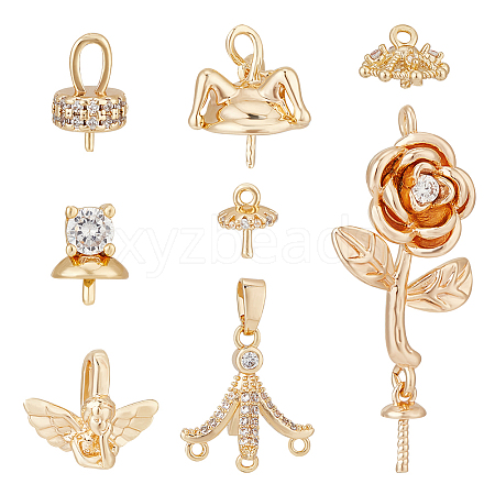 BENECREAT 8Pcs 8 Style Brass Micro Pave Clear Cubic Zirconia Flower Cup Peg Bails Pendants KK-BC0011-85-1