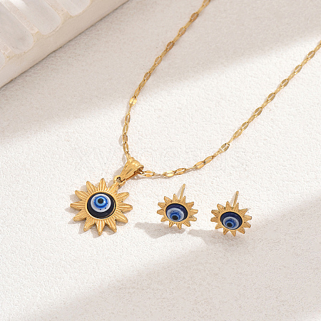Vintage 201 Stainless Steel & Plastic Sun with Evil Eye Stud Earrings & Pendant Necklaces Set for Women EW9229-1