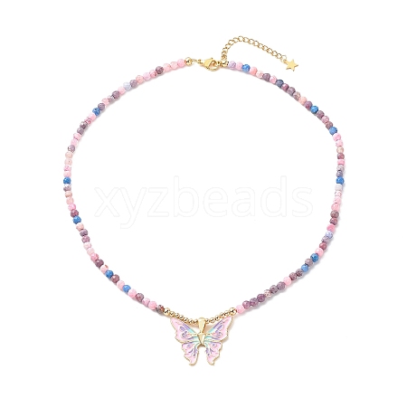 Beass Enamel Butterfly Pendant Necklace with Natural Fire Crackle Agate Beaded NJEW-JN04120-1