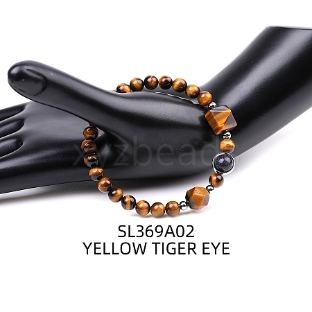Natural Tiger Eye Pyramid & Synthetic Blue Goldstone Beaded Stretch Bracelet PW-WG46847-02-1