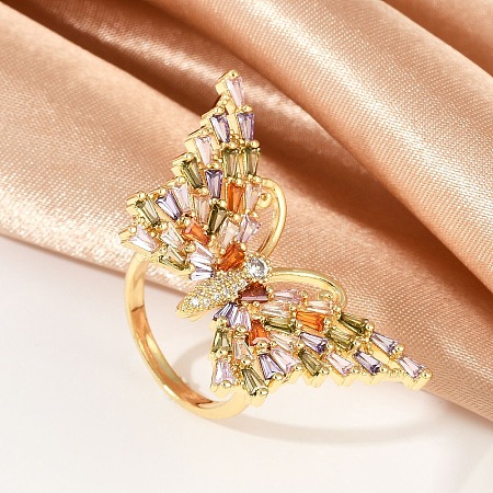 Butterfly Brass Micro Pave Colorful Cubic Zirconia Finger Rings for Women RJEW-G343-30G-01-1