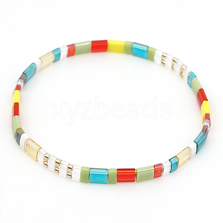 Bohemian Rainbow Glass Flat Double-Hole Bead Striped Women's Stretch Bracelets for Women QS8192-1-1