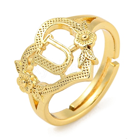 Heart with Letter & Flower Rack Plating Brass Adjustable Rings for Women RJEW-I105-05G-U-1