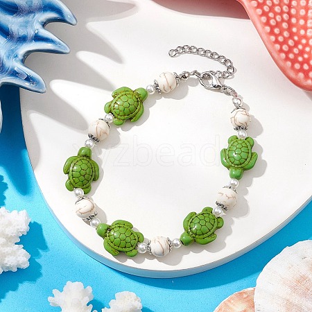 Synthetic Turquoise & Plastic Pearl Beads Link Bracelets for Women BJEW-JB11278-02-1