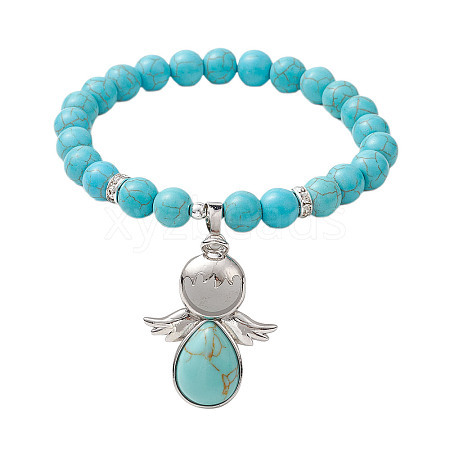 Synthetic Turquoise Stretch Bracelets with Angel Charms BJEW-JB11046-03-1