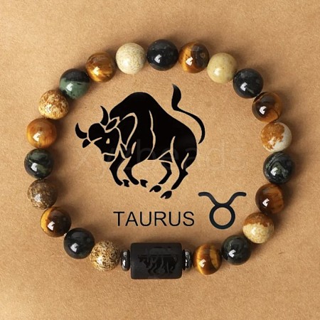 Twelve Constellations Natural Tiger Eye & Picture Jasper & Rhyolite Jasper Round & Column Beaded Stretch Bracelets for Women Men WG6FA5D-04-1