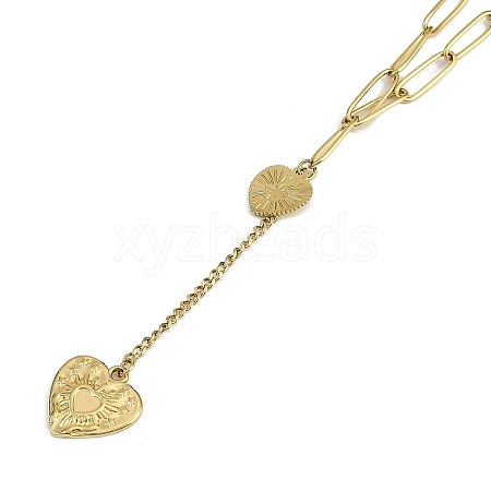 PVD Vacuum Plating 304 Stainless Steel Heart Tassel Pendant Paperclip Chain Necklaces NJEW-I129-04G-1