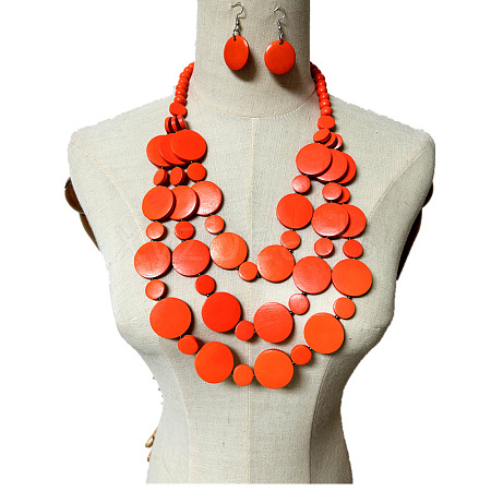 Ethnic Style Wood Flat Round Beaded Multilayer Necklaces & Dangle Earrings Sets WG19BD2-05-1