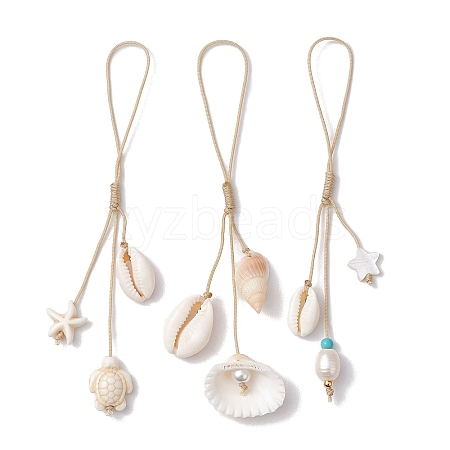 Natural Cultured Freshwater Pearl & Dyed Synthetic Turquoise & Clam Shell Mobile Straps HJEW-JM01902-1