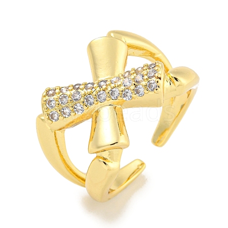 Rack Plating Brass Micro Pave Cubic Zirconia Cross Open Cuff Ring for Women RJEW-C082-10G-1