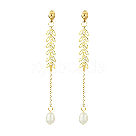 Natural Cultured Freshwater Pearl Beads & Brass Dangle Stud Earrings for Women EJEW-TA00555-1