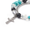 Natural & Synthetic Mixed Stone Beaded Bracelet with Cross Charm BJEW-TA00184-03-2