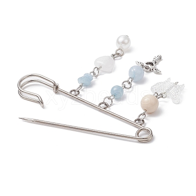 Natural Mixed Gemstone & Butterfly Charms Safety Pin Brooch JEWB-BR00101-1