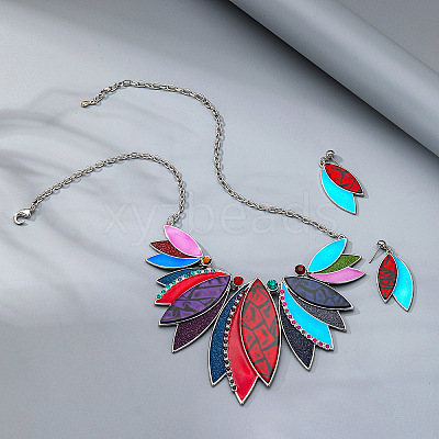 Leaf Alloy with Imitation Leather Pendant Necklace & Stud Dangle Earring FS-WGFF9DD-04-1