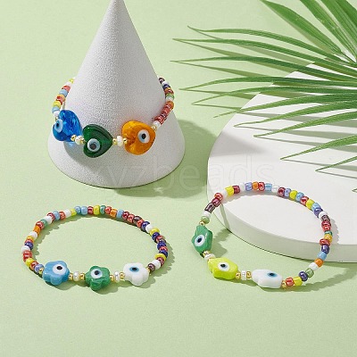 3Pcs 3 Style Heart & Flower & Hamsa Hand Lampwork & Seed Beaded Stretch Bracelets BJEW-JB09372-1