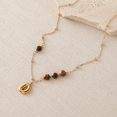 European Faceted Natural Tiger Eye 304 Stainless Steel Alphabet Pendant Necklaces QN9691-4-1