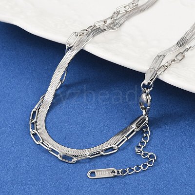 Non-Tarnish 304 Stainless Steel Paperclip & Herringbone Chains Double Layer Necklace for Men Women NJEW-E046-01P-1
