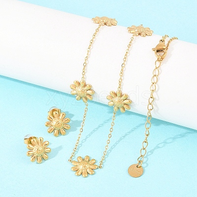 304 Stainless Steel Flower Link Chain Necklaces & Stud Earrings SJEW-Z005-01G-1
