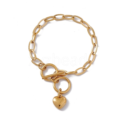 316 Stainless Steel Paperclip Chain Bracelet with Heart Charm for Women BJEW-G655-07G-1