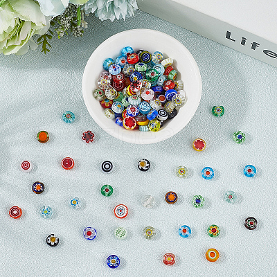 3 Strands Flat Round Handmade Millefiori Glass Beads Strands LAMP-LT0001-15B-1