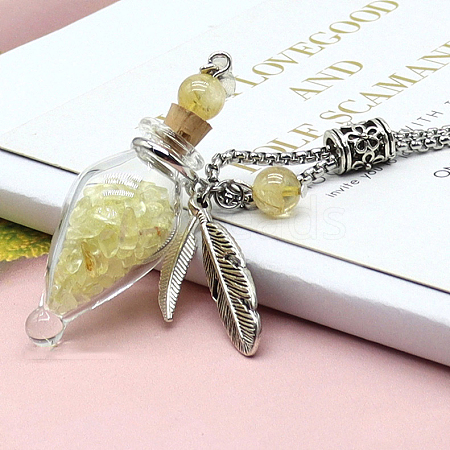 Natural Citrine Chips Wishing Bottle with Feather Pendant Necklace BOTT-PW0005-07C-1