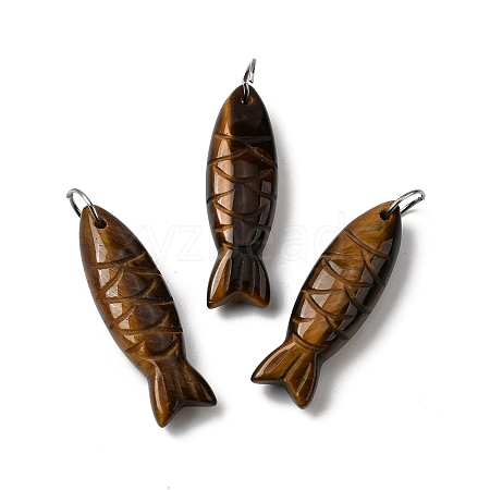 Natural Tiger Eye Fish Carved Pendants G-G314-01P-02-1