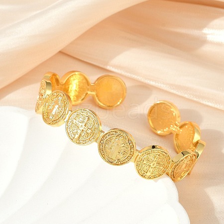 Flat Round With Cross Jesus Cuff Bangle BJEW-I298-03G-1
