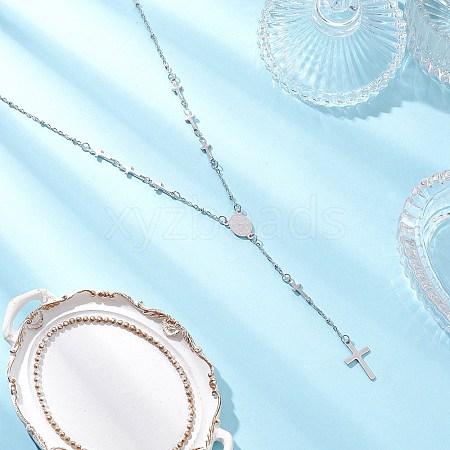 304 Stainless Steel Virgin Cross Pendant Rosary Bead Necklaces NJEW-JN05416-1