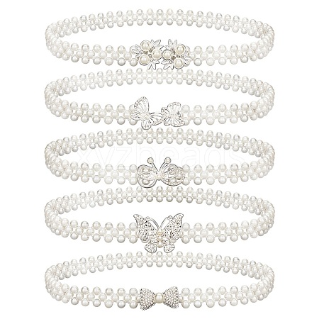 5Pcs 5 Style Acrylic Pearl Braided Stretch Chain Belt with Alloy Clasp AJEW-GA0004-49-1