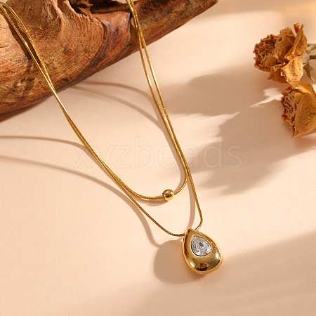 304 Stainless Steel Pave Clear Cubic Zirconia Teardrop Pendant Double Layer Necklaces for Women WGED4DB-05-1