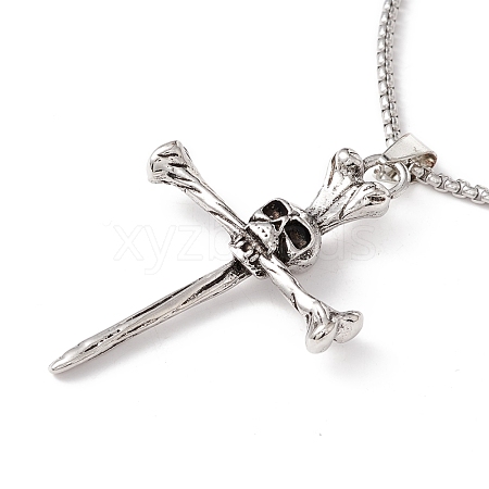 Alloy Cross with Skull Pendant Necklace with 201 Stainless Steel Box Chains NJEW-E016-03AS-1