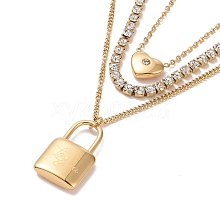 Crystal Rhinestone Heart & Word Love You Padlock Charms Triple Layer Necklace NJEW-C036-07G